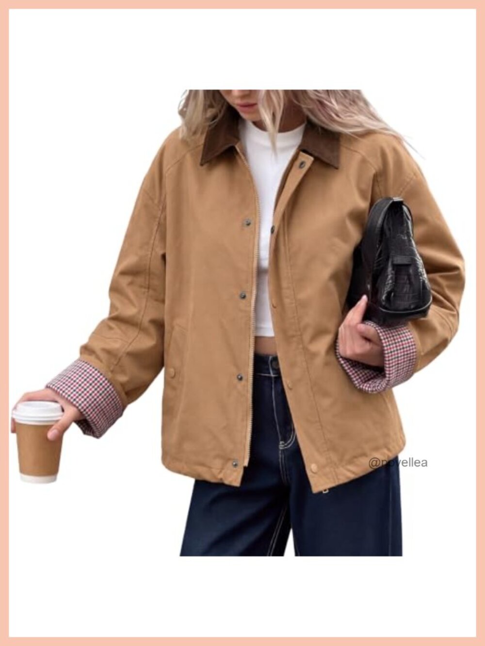 Women Barn Jacket Contrast Collar Plaid Cuff Zip Snap Lightweight Coat